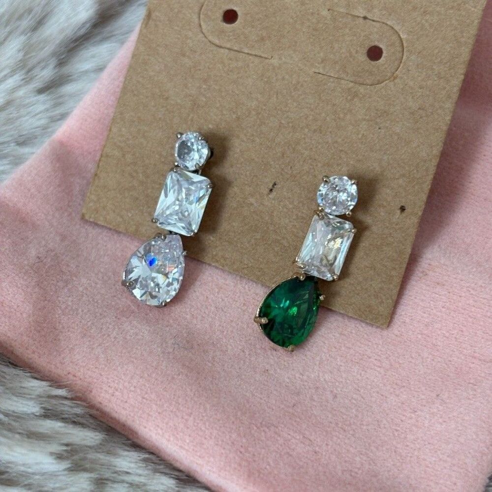Roxanne Assoulin Mismatched CZ Drop Earrings Clear Emerald Green Mixed Cut - Picture 3 of 3